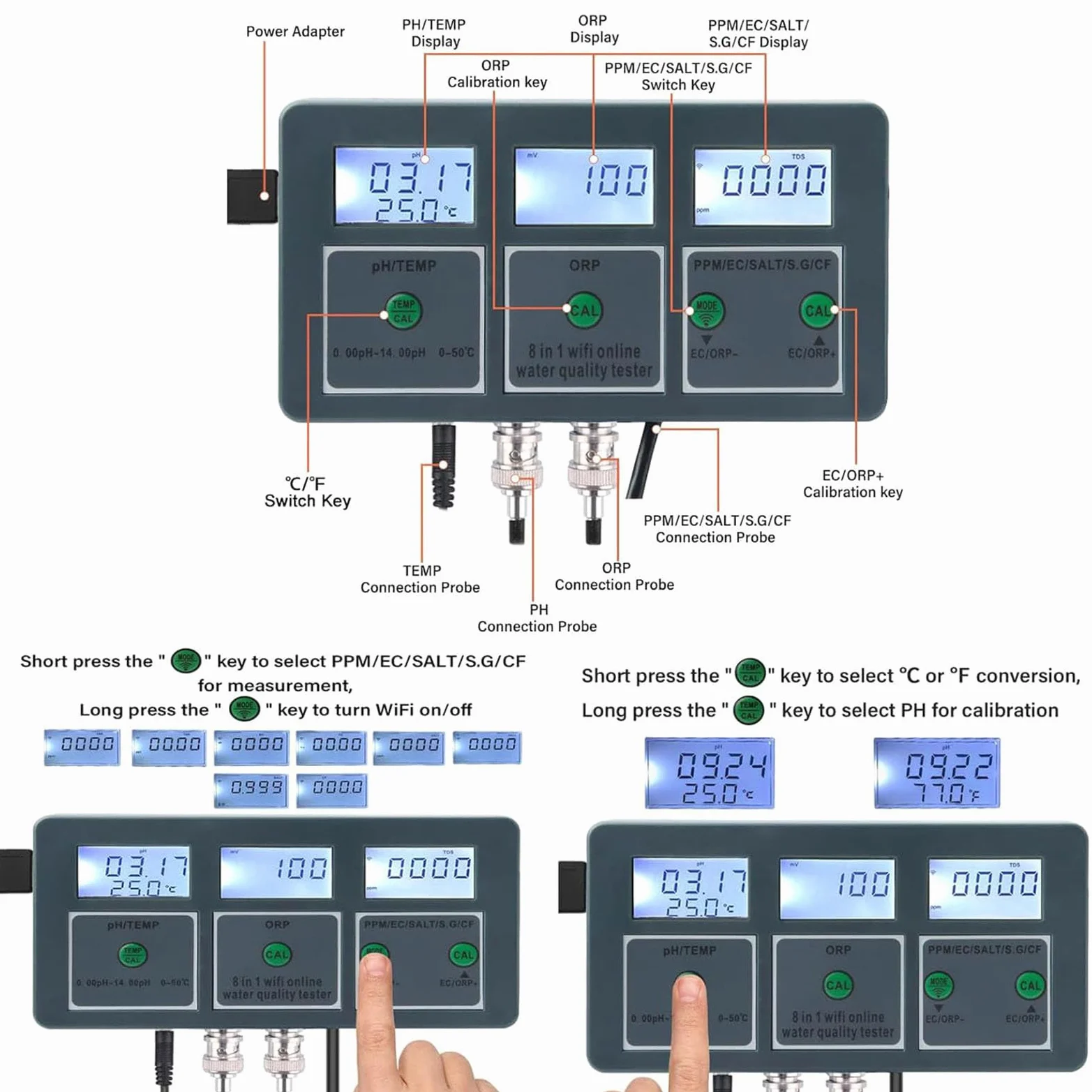 Testeur Intelligent de Qualité de l'eau, 8 en 1 WiFi Numérique PH mètre & Enregistreur de Données pour Aquarium, ORP, TDS, EC, SEL, S. G, Temp, CF, Testeur de Qualité de l'eau