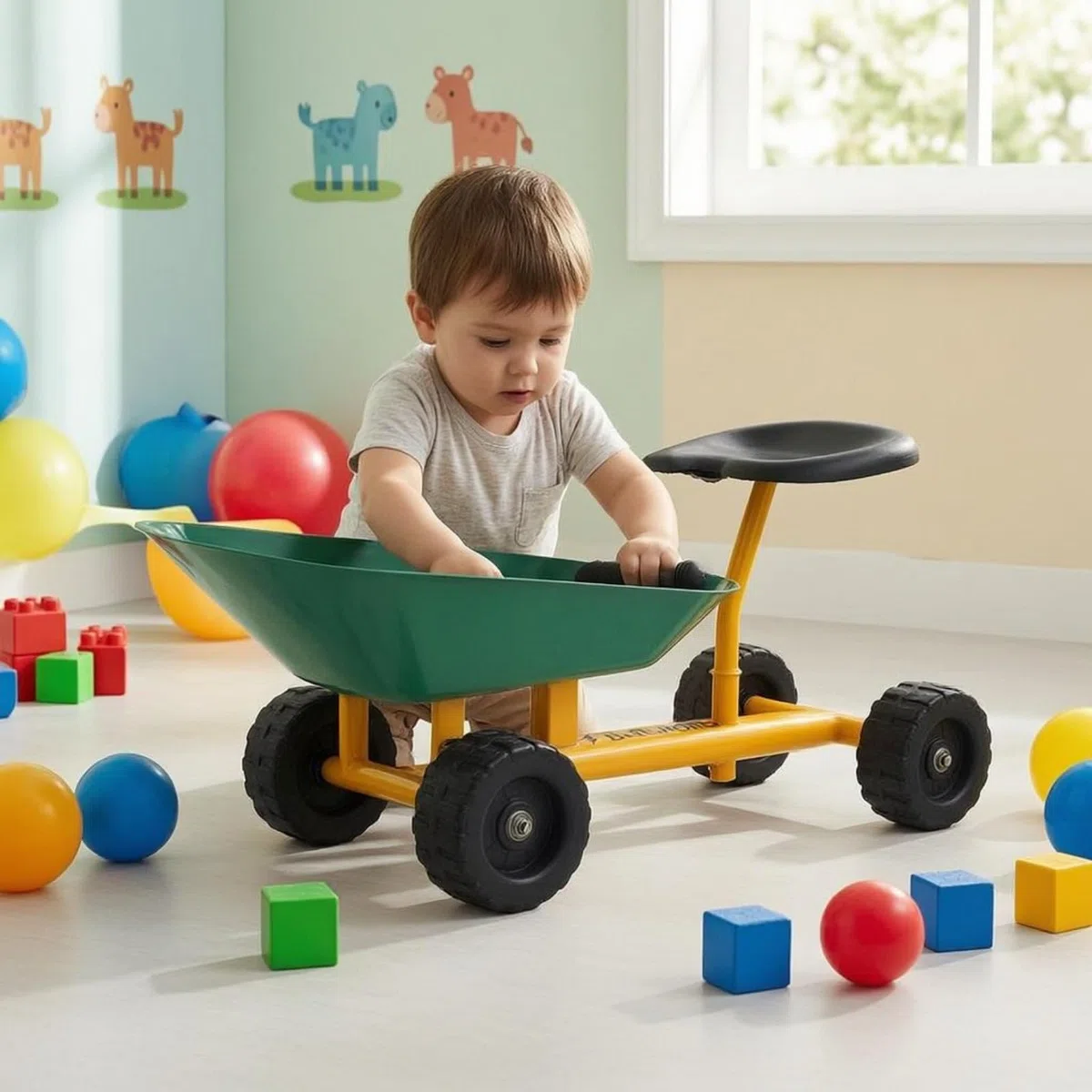 Qianly Véhicule de Chantier Enfant Chariot de Sable Brouette Voiture à Pousser Jouet Extérieur Plateau Type Brouette avec Siège Moulé Cadre Tube Roues, Rouge