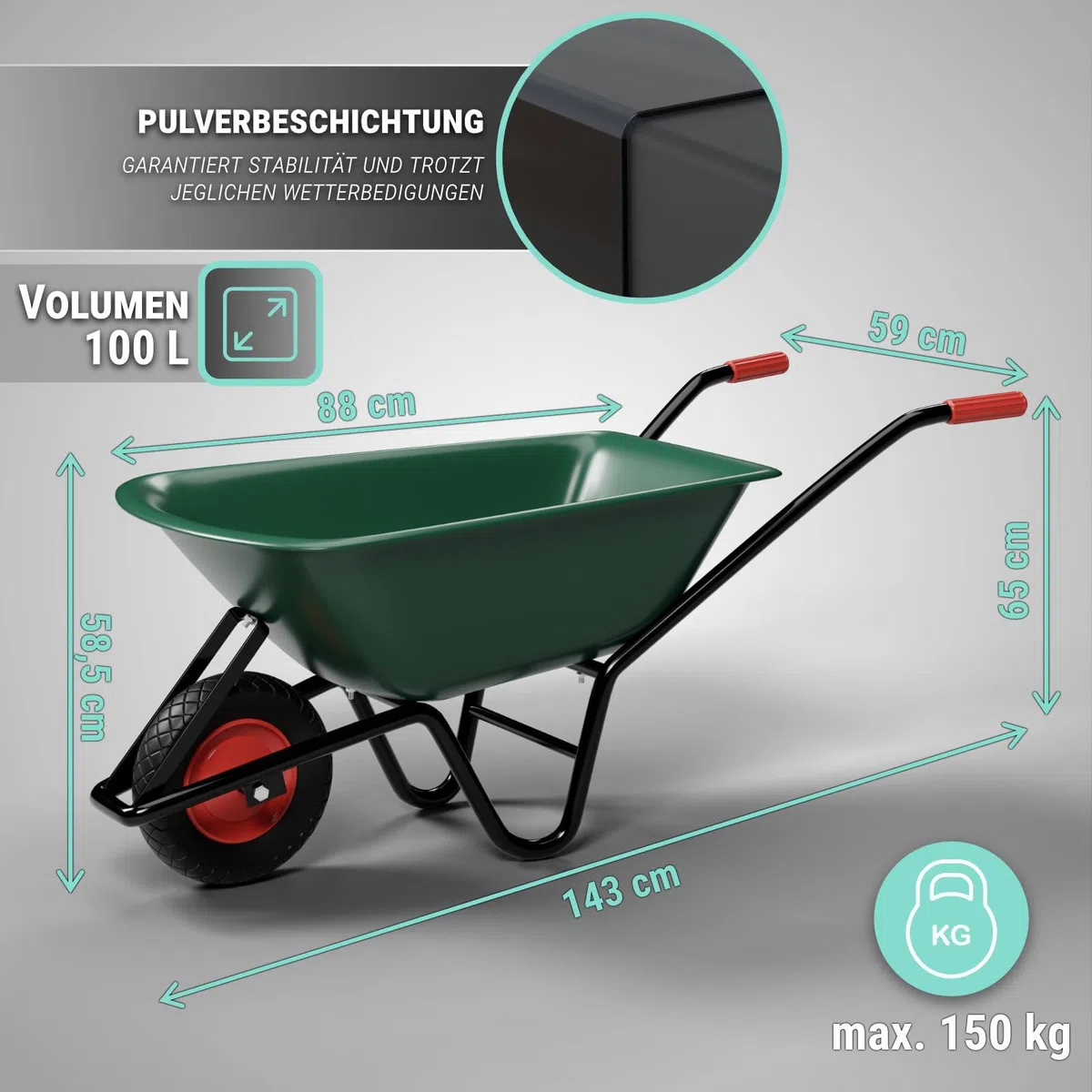 Brouette en polypropylène robuste - Charge maximale : 150 kg - Volume : 100 l - Pneus gonflables - Vert - Poignée ergonomique
