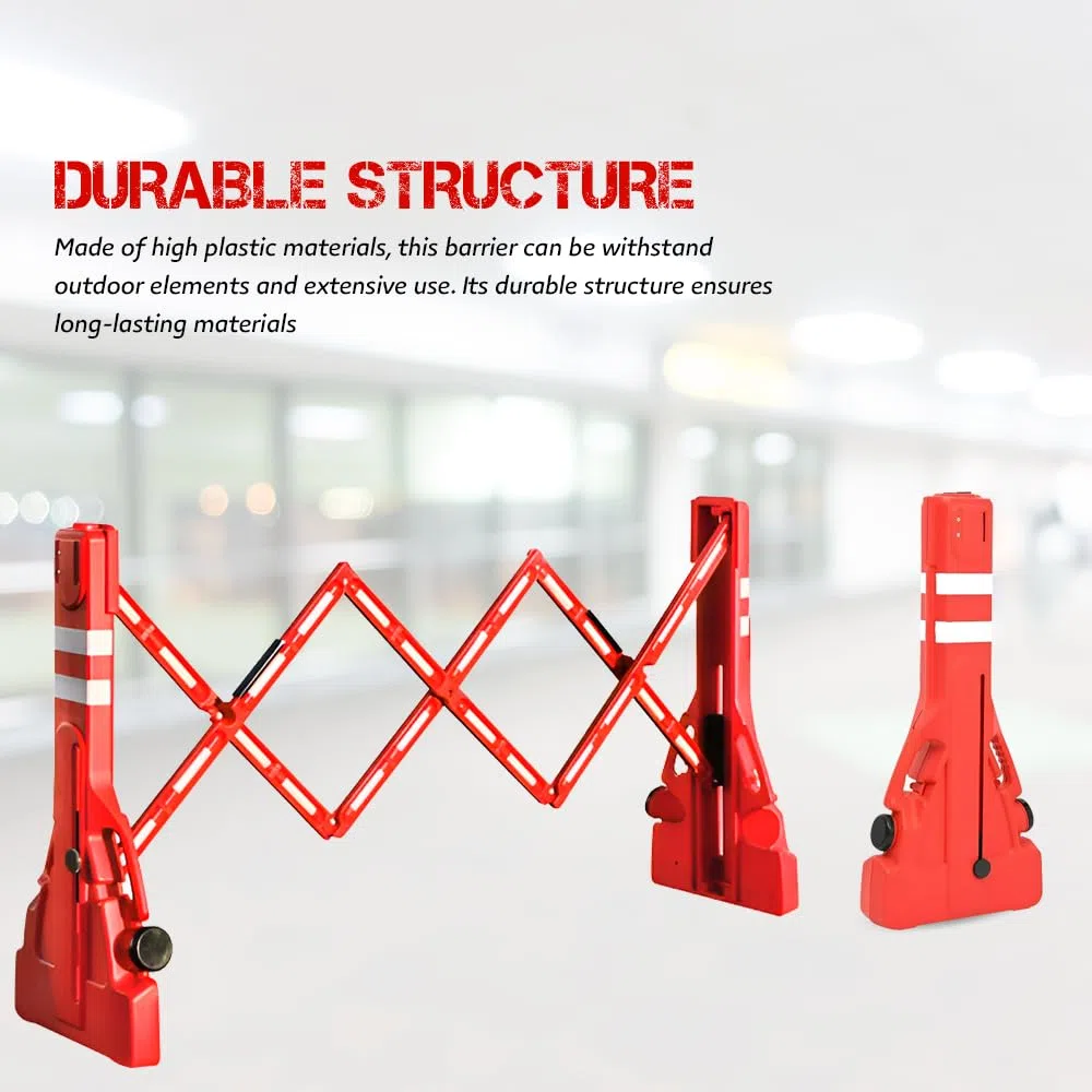 Lot de 2 barricades extensibles – Rouge | Barrière pliable en plastique de 2,3 m | Barrière de sécurité routière réfléchissante pour plus de sécurité | Barrière mobile portable avec base à remplir
