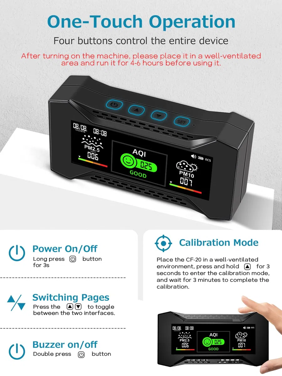 Upgraded CF-20 Moniteur de qualité de l'air Professionnel 10 en 1, capteur co2 et PM2.5, alertes intelligentes de l'AQI, qualité de l'air intérieur Rechargeable pour Une Utilisation au Bureau
