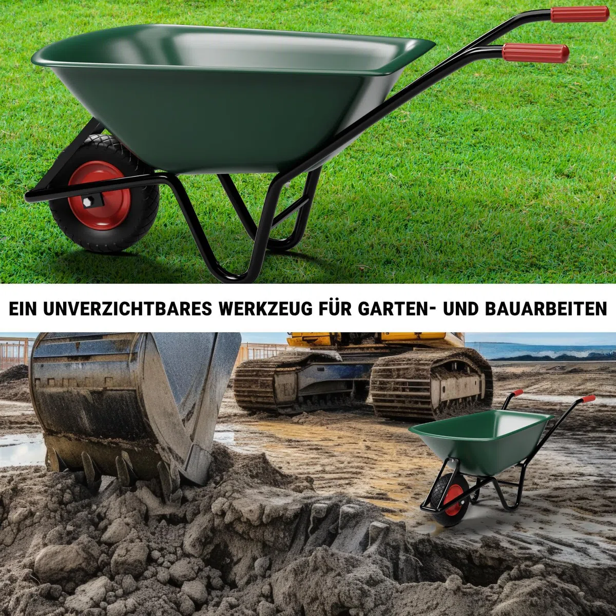 Brouette en polypropylène robuste - Charge maximale : 150 kg - Volume : 100 l - Pneus gonflables - Vert - Poignée ergonomique