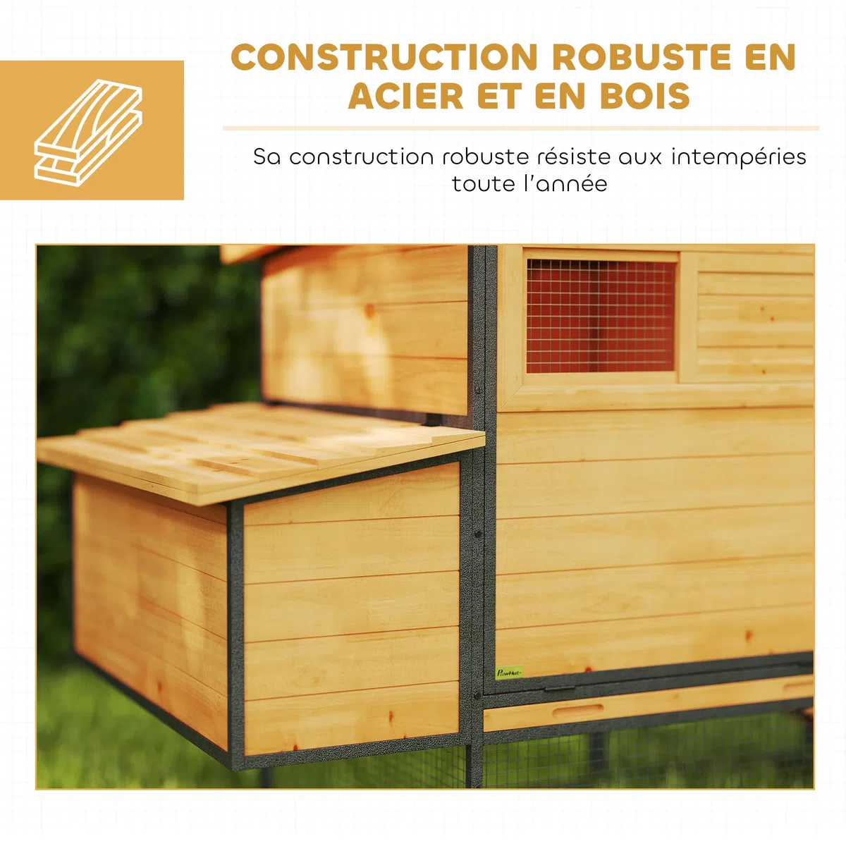 PawHut Poulailler XXL Bois 3-5 Poules Grand Enclos 192x81,5x104cm Orange