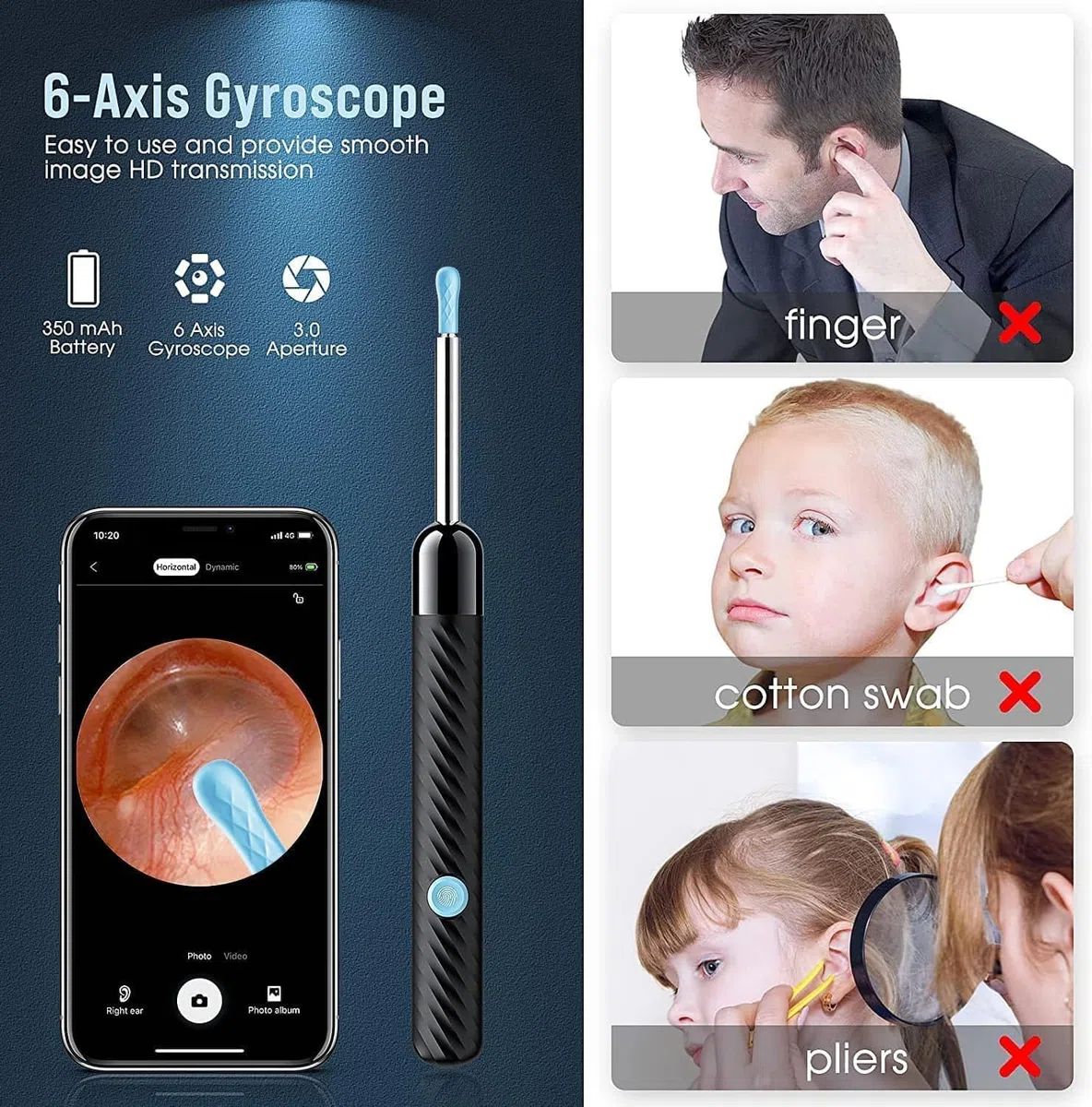 AOPICK Otoscope Oreille 1080P HD Camera, 3,5mm Caméra Nettoyeur Oreille WiFi avec 6 Lumières LED, IP67 Étanche, Cure Oreille Pour Enlèvement Cérumen, Compatible iPhone, iPad, Android