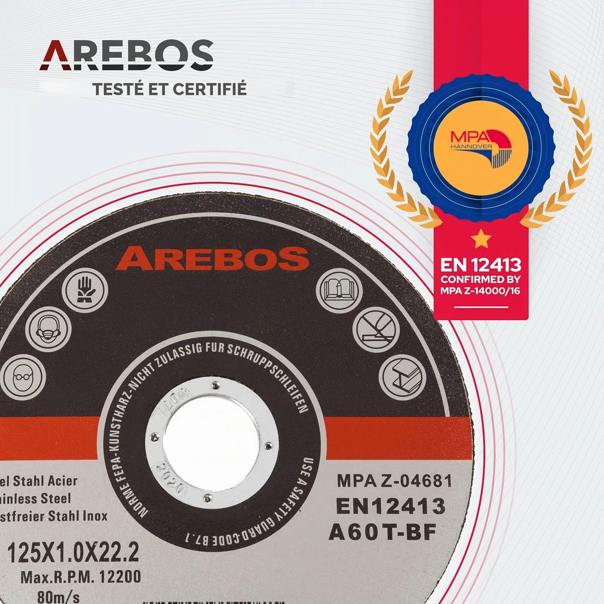 Arebos Disques à tronçonner Ø125 mm, 400 pièces | adaptés à l'acier, l'acier inoxydable, le fer, la tôle, le métal | aller et retour | EN 12413 | certifiés par l'Office d'essai des matériaux (MPA)
