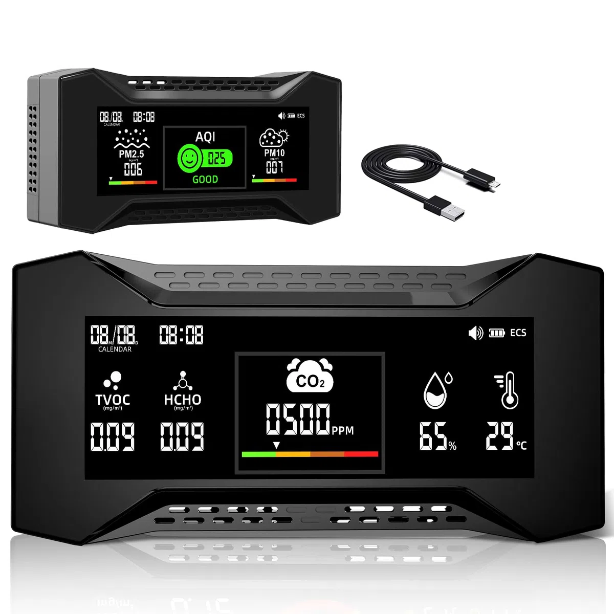 Upgraded CF-20 Moniteur de qualité de l'air Professionnel 10 en 1, capteur co2 et PM2.5, alertes intelligentes de l'AQI, qualité de l'air intérieur Rechargeable pour Une Utilisation au Bureau