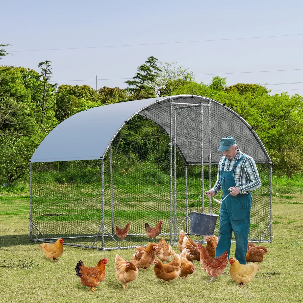 GYMAX Enclos Poulailler en Métal 2,8x1,9x2m, Parc Grillagé avec Protection Solaire et Housse Imperméable, Piquets de Sol, Abri pour Élévage de Volaille Lapins Canards, pour l'Extérieur, Ferme