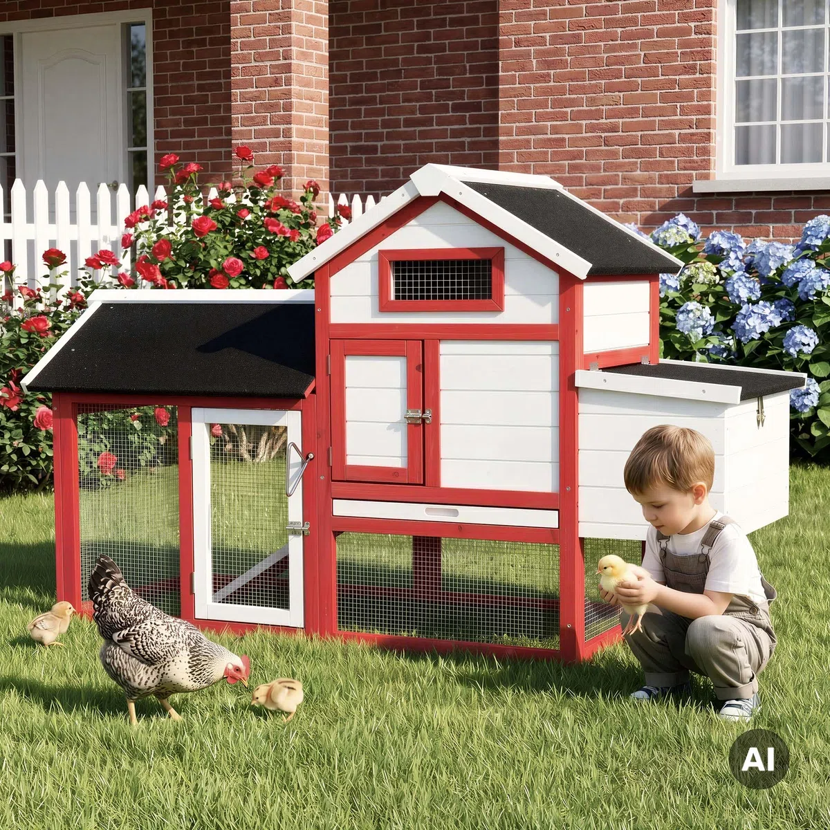 Wiltec Poulailler avec Nichoir, Enclos & Pondoir – 1155 x 520 mm – en Bois Sapin – Toit bitumé – avec Grillage et Bac à crottes – Maison pour Petits Animaux, Poules, volaille Clapier