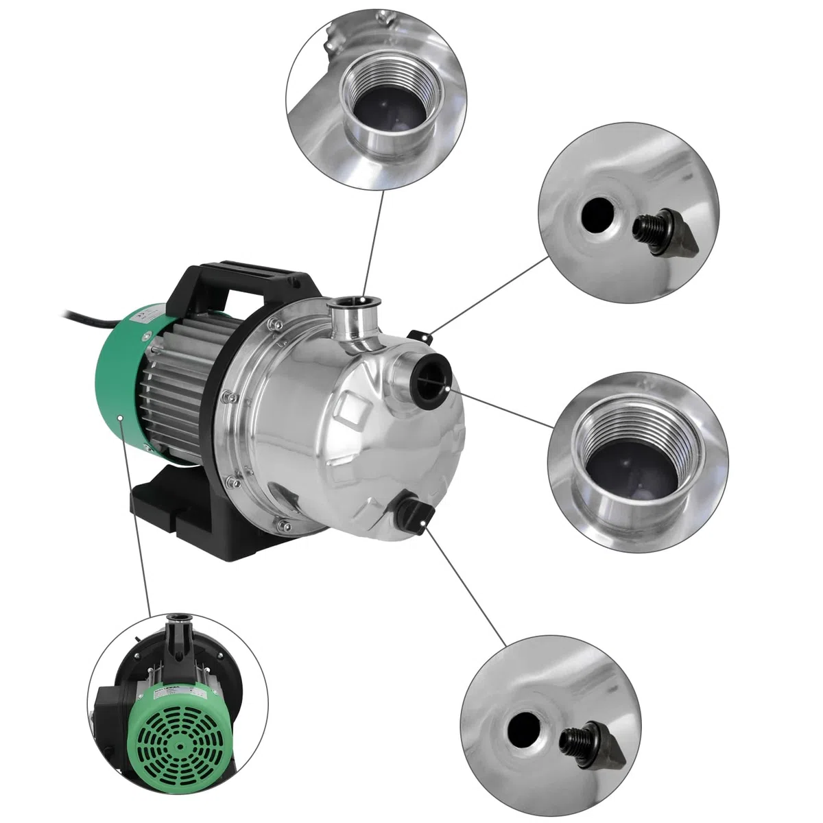 Pompe à eau propre surface en acier inoxydable 1 300 W. 5 000 l/h, profondeur 8 m, élévation 50 m. Pression maximale : 5 bar
