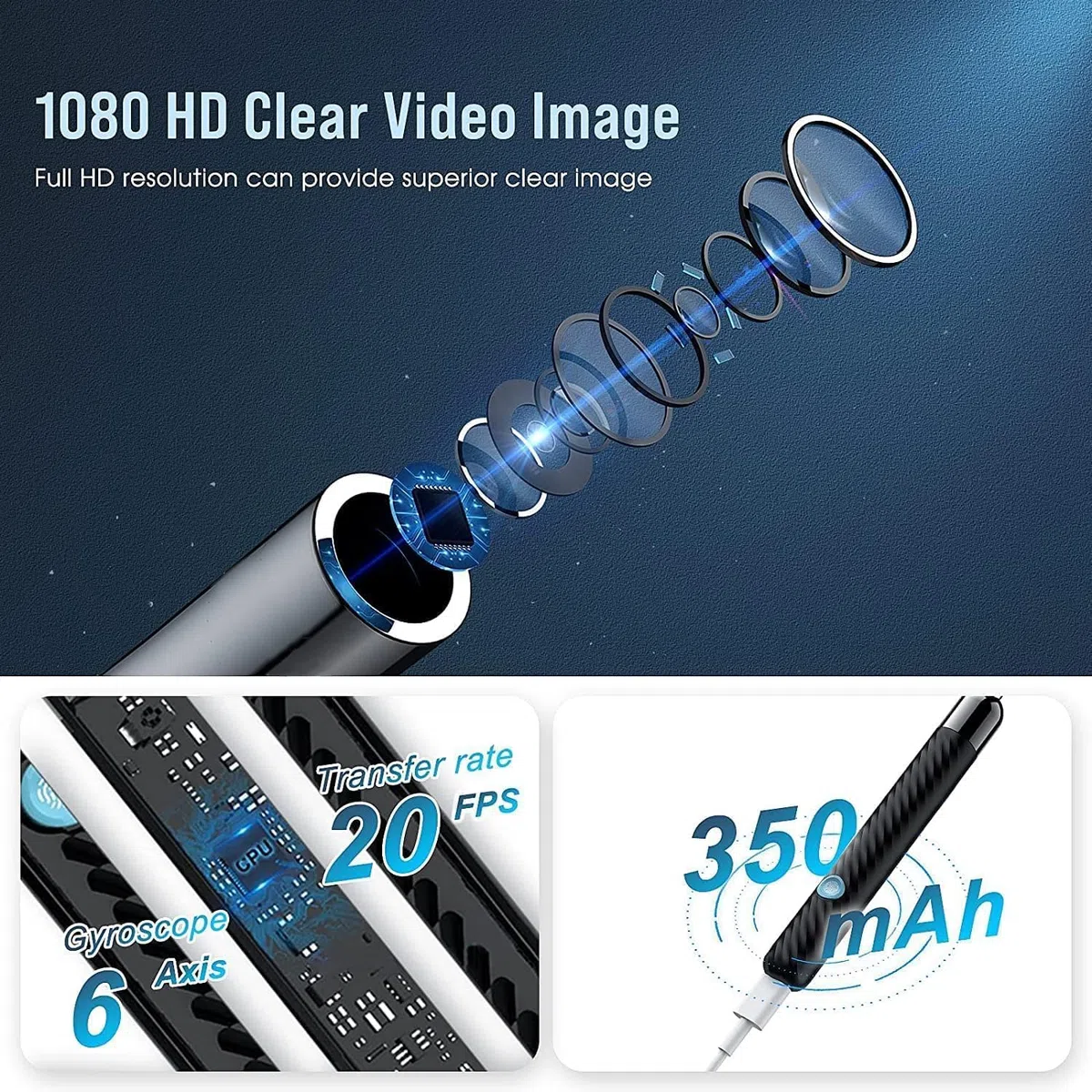 AOPICK Otoscope Oreille 1080P HD Camera, 3,5mm Caméra Nettoyeur Oreille WiFi avec 6 Lumières LED, IP67 Étanche, Cure Oreille Pour Enlèvement Cérumen, Compatible iPhone, iPad, Android