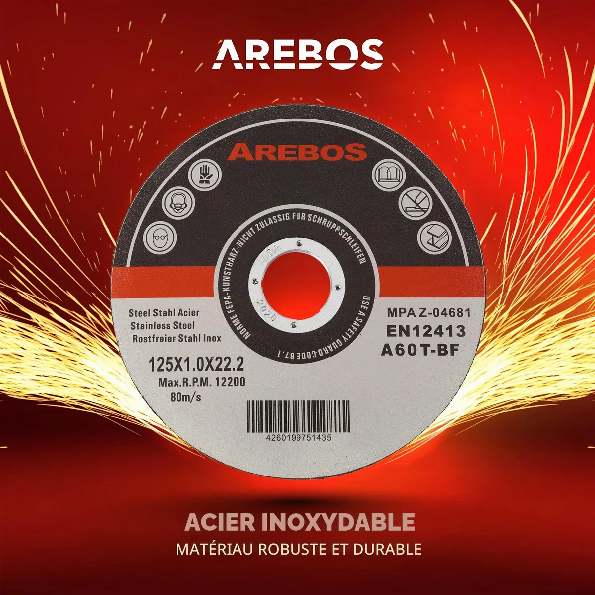 Arebos Disques à tronçonner Ø125 mm, 400 pièces | adaptés à l'acier, l'acier inoxydable, le fer, la tôle, le métal | aller et retour | EN 12413 | certifiés par l'Office d'essai des matériaux (MPA)