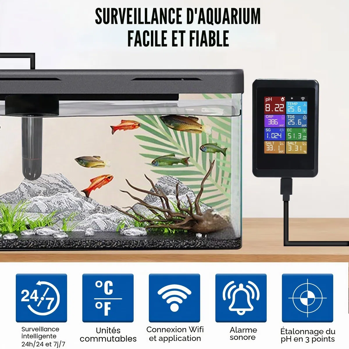 TEKCOPLUS Moniteur de pH Numérique WiFi 8-en-1 pour la Qualité de l'Eau avec Sonde pour Aquariums, Hydroponie, Piscines, Étangs, Laboratoires Mesure pH, Température, TDS, EC, Salinité, ORP, SG