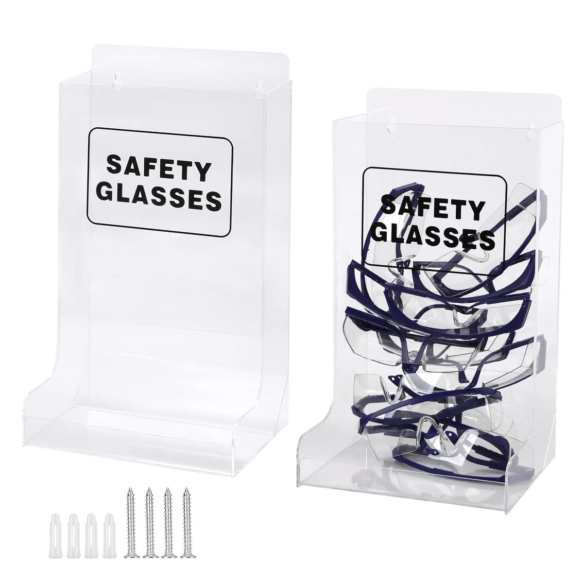 Lot de 2 étuis à lunettes de sécurité en acrylique, fixation murale et design transparent, idéal pour ranger les lunettes jetables des visiteurs dans les environnements industriels, dentaires