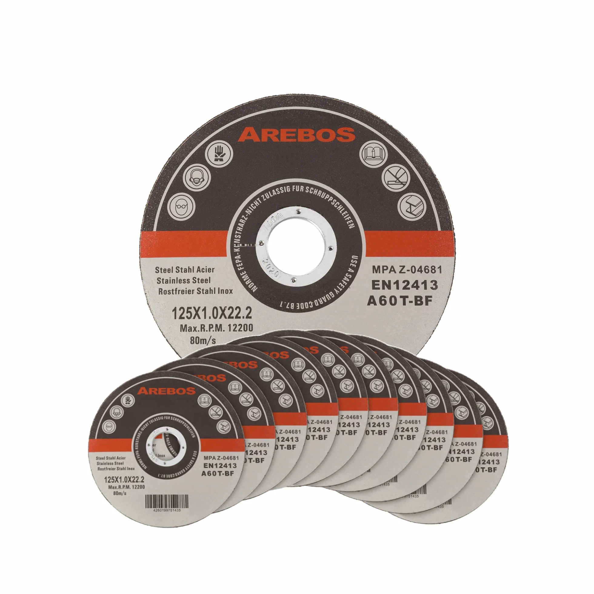Arebos Disques à tronçonner Ø125 mm, 400 pièces | adaptés à l'acier, l'acier inoxydable, le fer, la tôle, le métal | aller et retour | EN 12413 | certifiés par l'Office d'essai des matériaux (MPA)