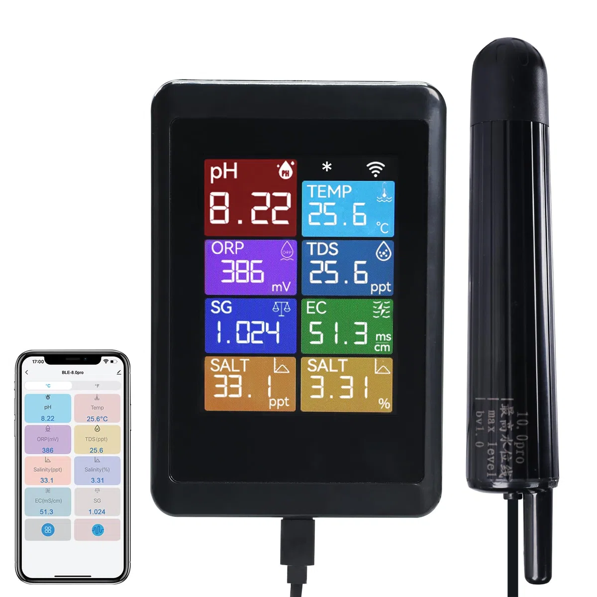 TEKCOPLUS Moniteur de pH Numérique WiFi 8-en-1 pour la Qualité de l'Eau avec Sonde pour Aquariums, Hydroponie, Piscines, Étangs, Laboratoires Mesure pH, Température, TDS, EC, Salinité, ORP, SG
