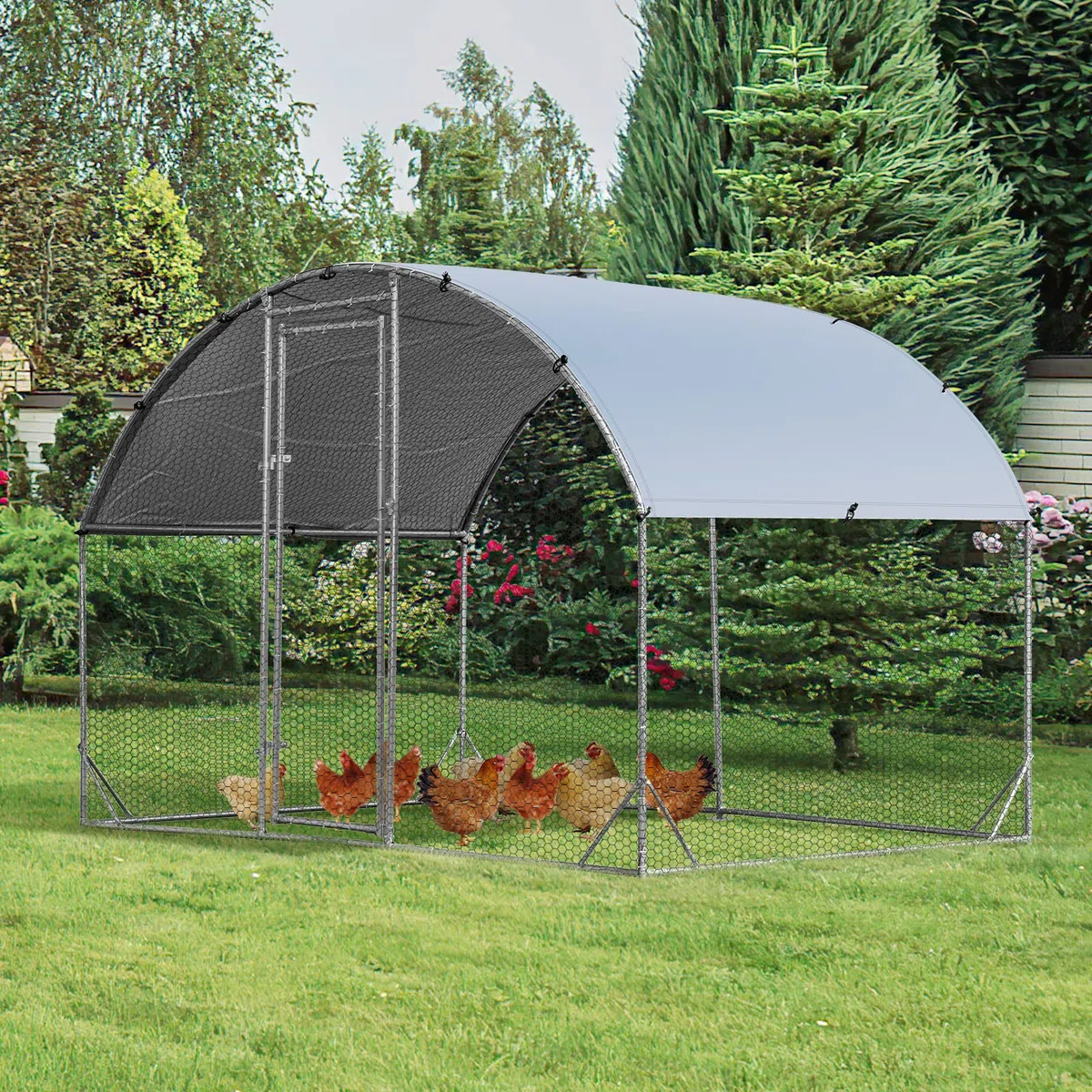 GYMAX Enclos Poulailler en Métal 2,8x1,9x2m, Parc Grillagé avec Protection Solaire et Housse Imperméable, Piquets de Sol, Abri pour Élévage de Volaille Lapins Canards, pour l'Extérieur, Ferme