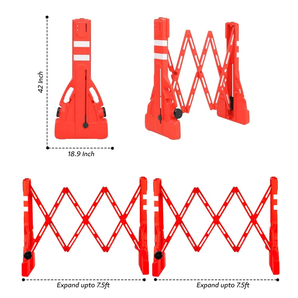 Lot de 2 barricades extensibles – Rouge | Barrière pliable en plastique de 2,3 m | Barrière de sécurité routière réfléchissante pour plus de sécurité | Barrière mobile portable avec base à remplir