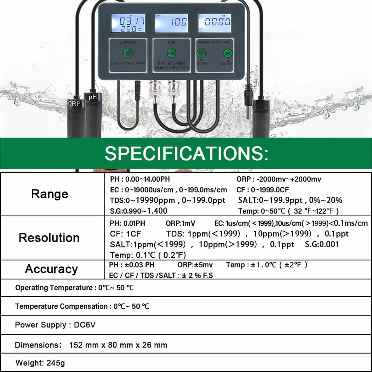 Testeur Intelligent de Qualité de l'eau, 8 en 1 WiFi Numérique PH mètre & Enregistreur de Données pour Aquarium, ORP, TDS, EC, SEL, S. G, Temp, CF, Testeur de Qualité de l'eau