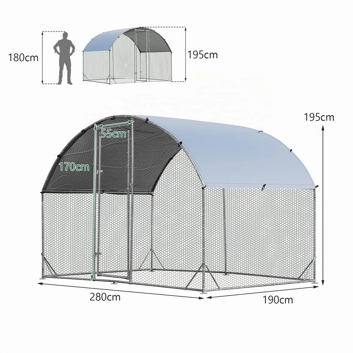 GYMAX Enclos Poulailler en Métal 2,8x1,9x2m, Parc Grillagé avec Protection Solaire et Housse Imperméable, Piquets de Sol, Abri pour Élévage de Volaille Lapins Canards, pour l'Extérieur, Ferme