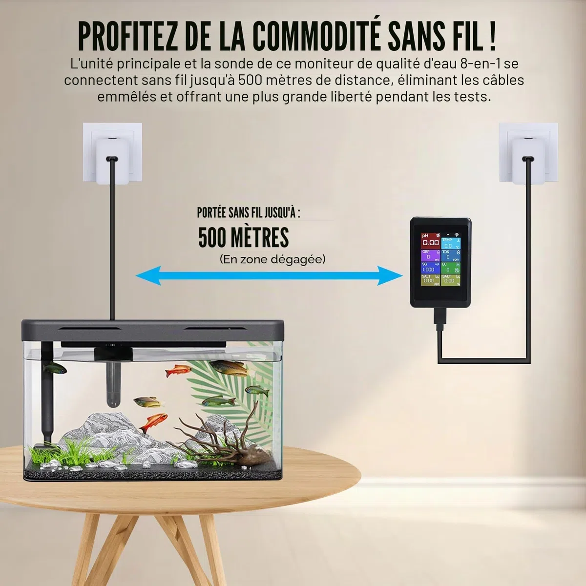 TEKCOPLUS Moniteur de pH Numérique WiFi 8-en-1 pour la Qualité de l'Eau avec Sonde pour Aquariums, Hydroponie, Piscines, Étangs, Laboratoires Mesure pH, Température, TDS, EC, Salinité, ORP, SG