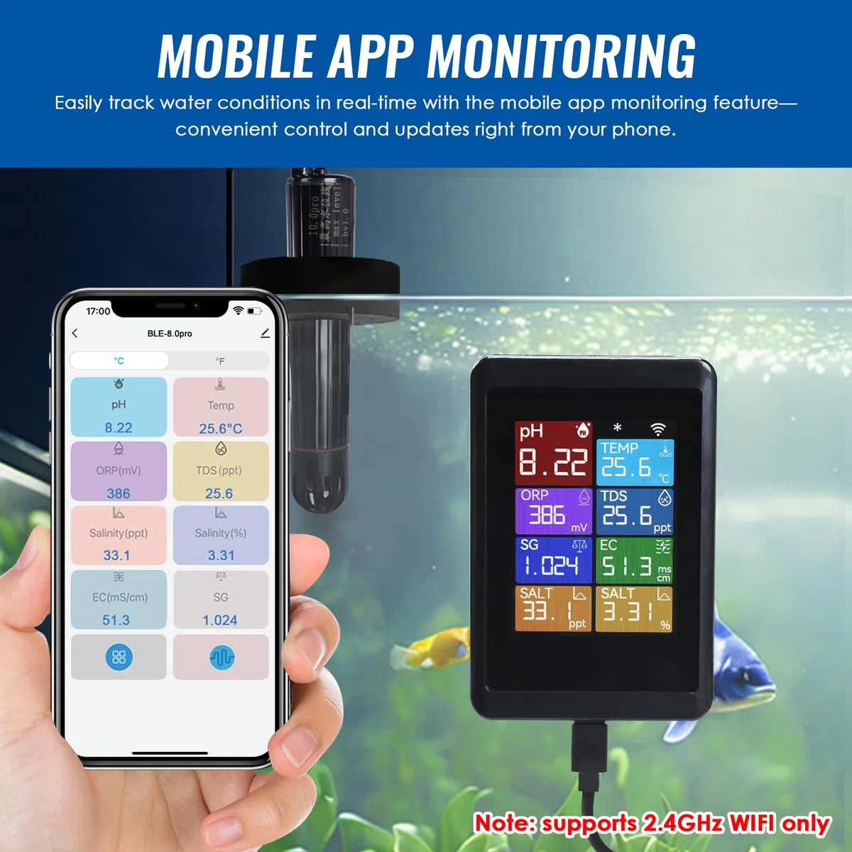 TEKCOPLUS Moniteur de pH Numérique WiFi 8-en-1 pour la Qualité de l'Eau avec Sonde pour Aquariums, Hydroponie, Piscines, Étangs, Laboratoires Mesure pH, Température, TDS, EC, Salinité, ORP, SG