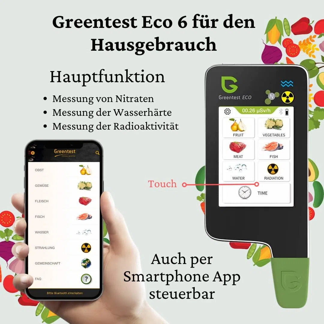 Greentest Eco 5 Testeur numérique de nitrate alimentaire 6 en 1, détecteur de rayonnement, compteur Geiger, compteur de qualité de l'eau, dureté TDS PPM, analyseur dosimètre pour légumes, fruits