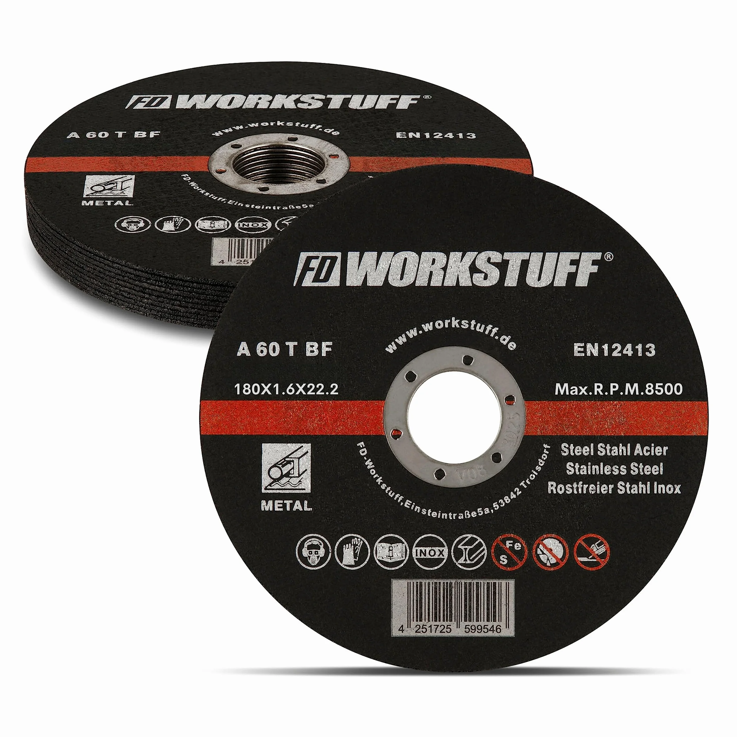 Disques à Tronçonner Professionnels │ 10 pièces │ Ø 180 mm, Épaisseur: 1,6 mm │ pour scie circulaire │ pour meuleuse de flexion, de tronçonnage et d'angle │ Inox │ Disques en Acier