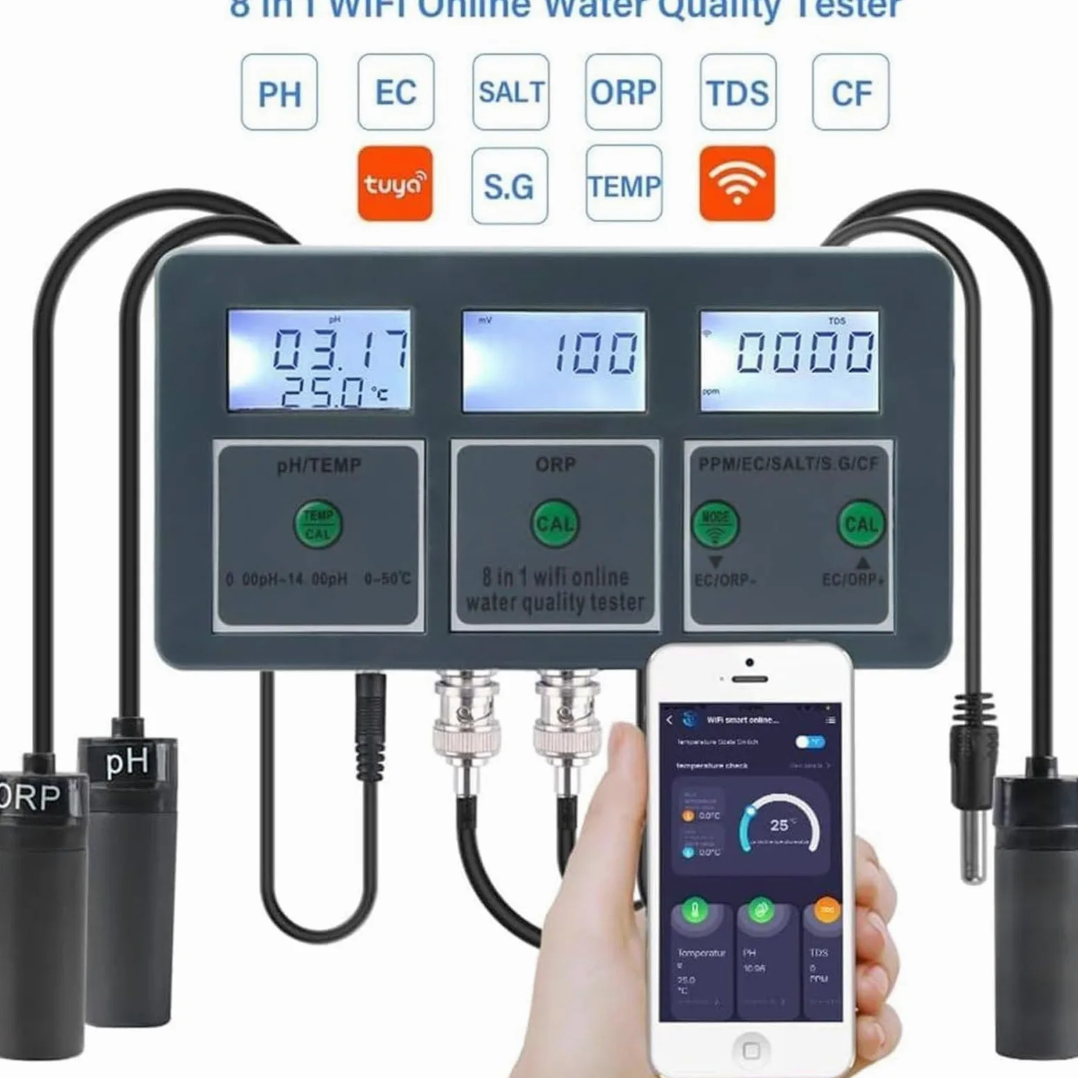 Testeur Intelligent de Qualité de l'eau, 8 en 1 WiFi Numérique PH mètre & Enregistreur de Données pour Aquarium, ORP, TDS, EC, SEL, S. G, Temp, CF, Testeur de Qualité de l'eau