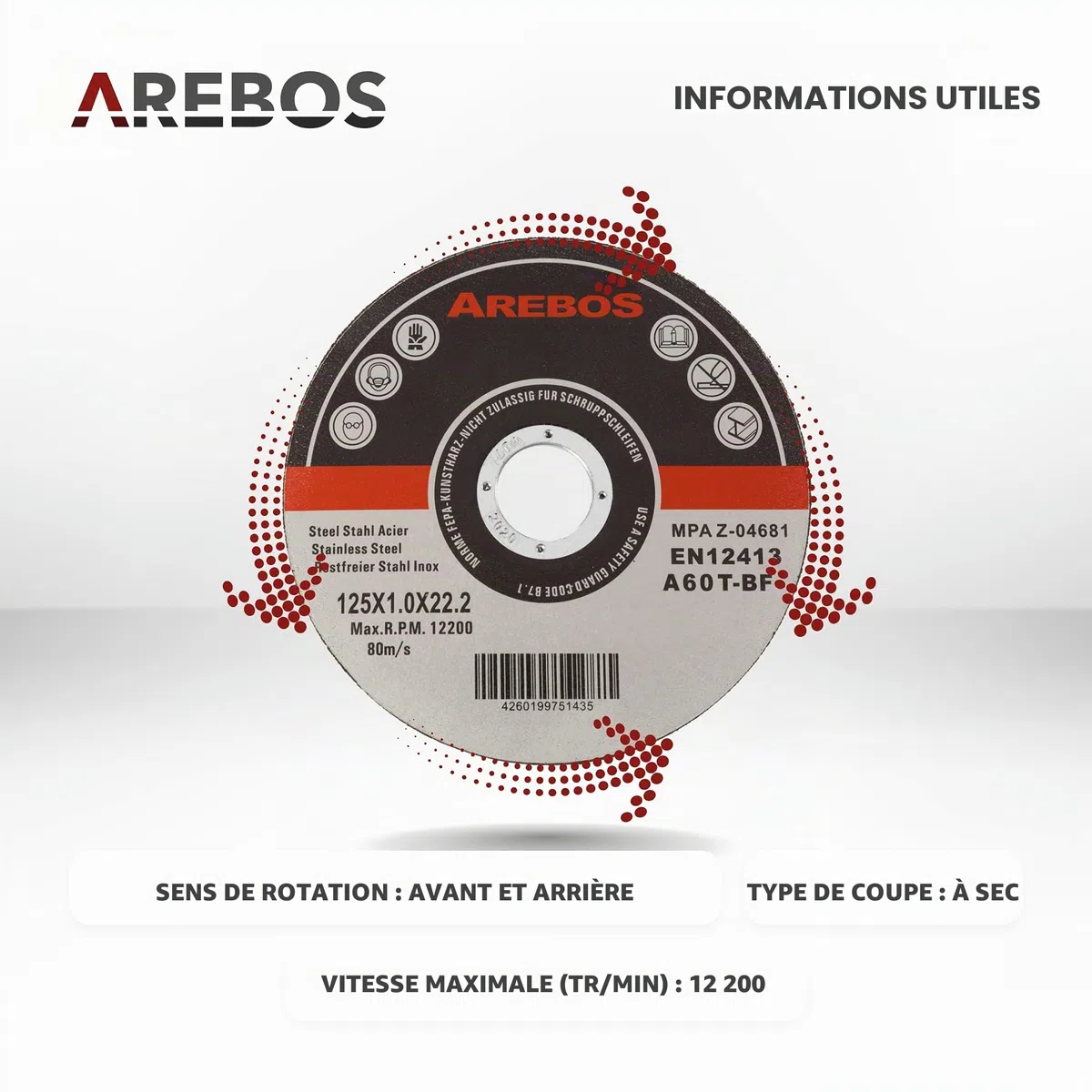 Arebos Disques à tronçonner Ø125 mm, 400 pièces | adaptés à l'acier, l'acier inoxydable, le fer, la tôle, le métal | aller et retour | EN 12413 | certifiés par l'Office d'essai des matériaux (MPA)