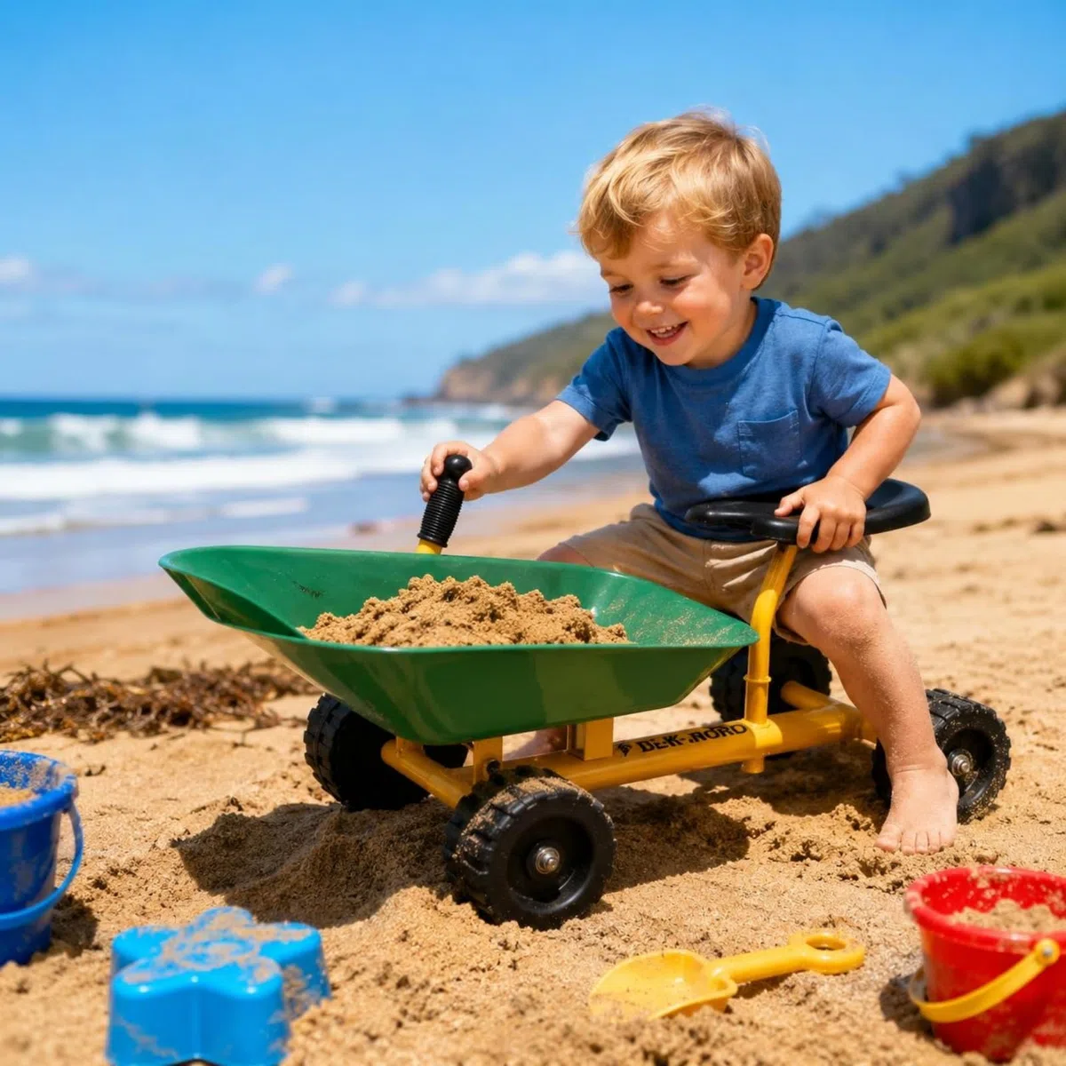Qianly Véhicule de Chantier Enfant Chariot de Sable Brouette Voiture à Pousser Jouet Extérieur Plateau Type Brouette avec Siège Moulé Cadre Tube Roues, Rouge