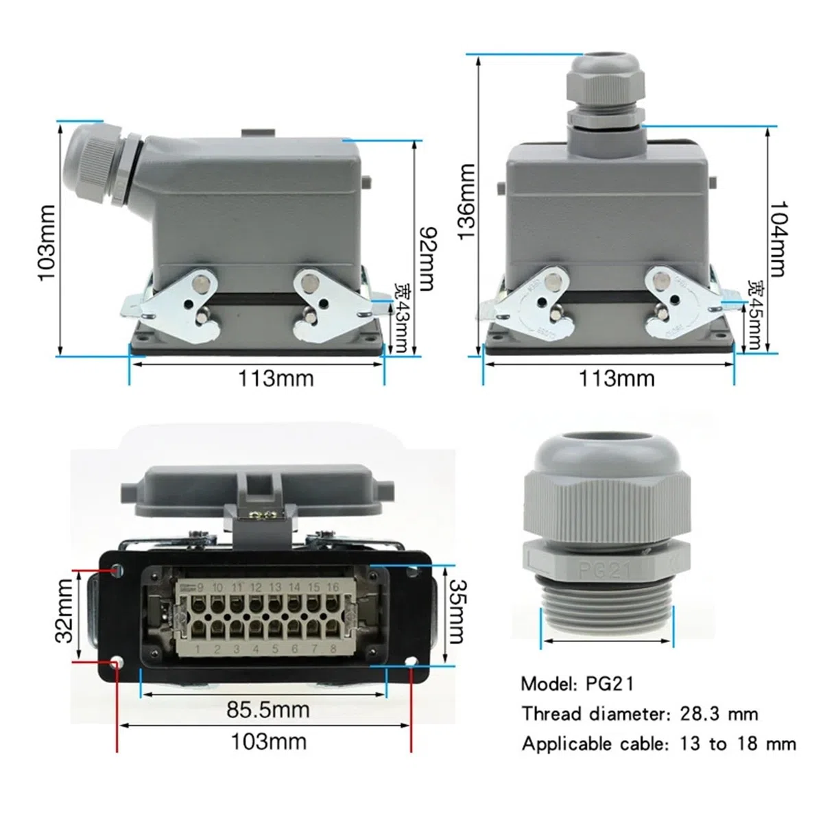 Connecteur rectangulaire robuste HDC-HE-016, 16 broches, prise d'aviation industrielle, 500V, 16a, 1 pièce(16 core top line)