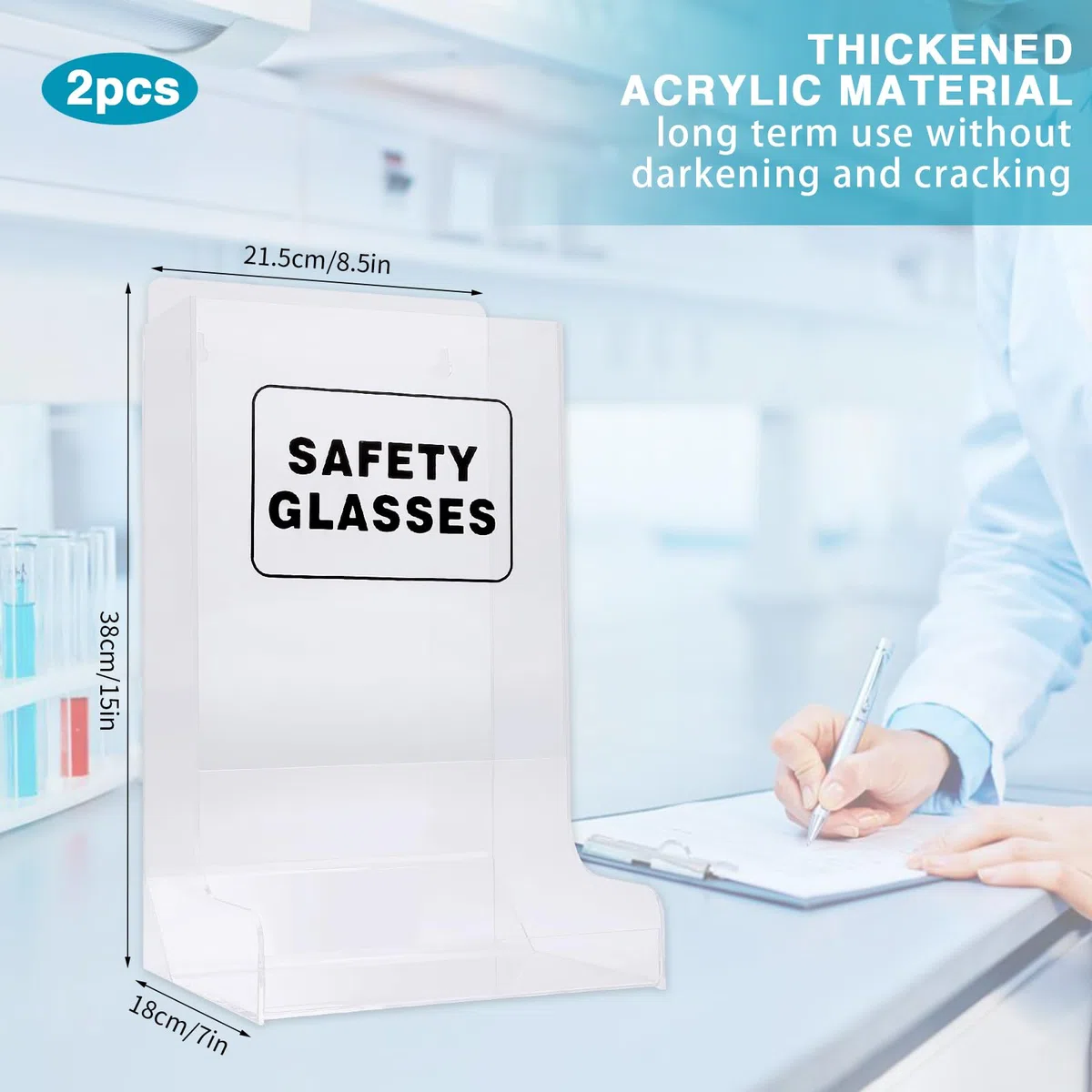Lot de 2 étuis à lunettes de sécurité en acrylique, fixation murale et design transparent, idéal pour ranger les lunettes jetables des visiteurs dans les environnements industriels, dentaires